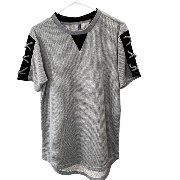 AO Amongst Others Shirt size S Men Gray Black Lace Up Shoulders Knit  Crewneck - Picture 1 of 5